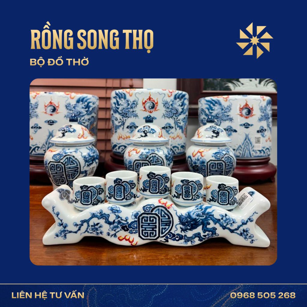 Bộ kỷ chén nước gốm sứ Bát Tràng của thương hiệu Gốm Sứ Cương Duyên trên ban thờ