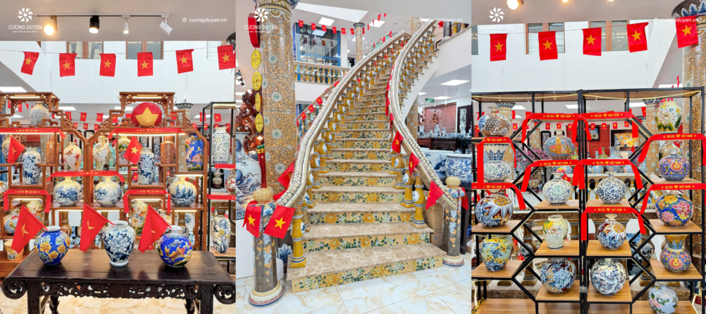 Cờ Việt Nam ngập tràn trong cửa hàng Gốm sứ Cương Duyên trong những ngày kỷ niệm 50 năm giải phóng miền Nam - thống nhất đất nước Việt Nam