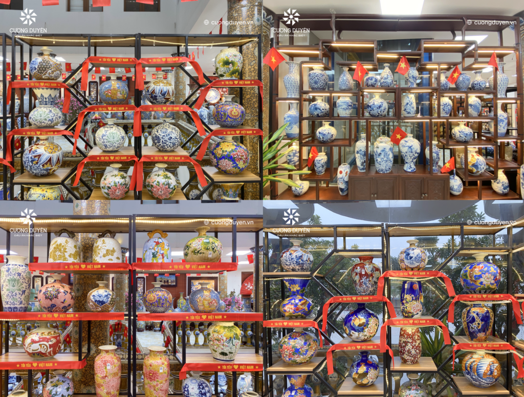 Cờ Việt Nam ngập tràn trong showroom Gốm sứ Cương Duyên trong những ngày kỷ niệm 50 năm giải phóng miền Nam - thống nhất đất nước Việt Nam
