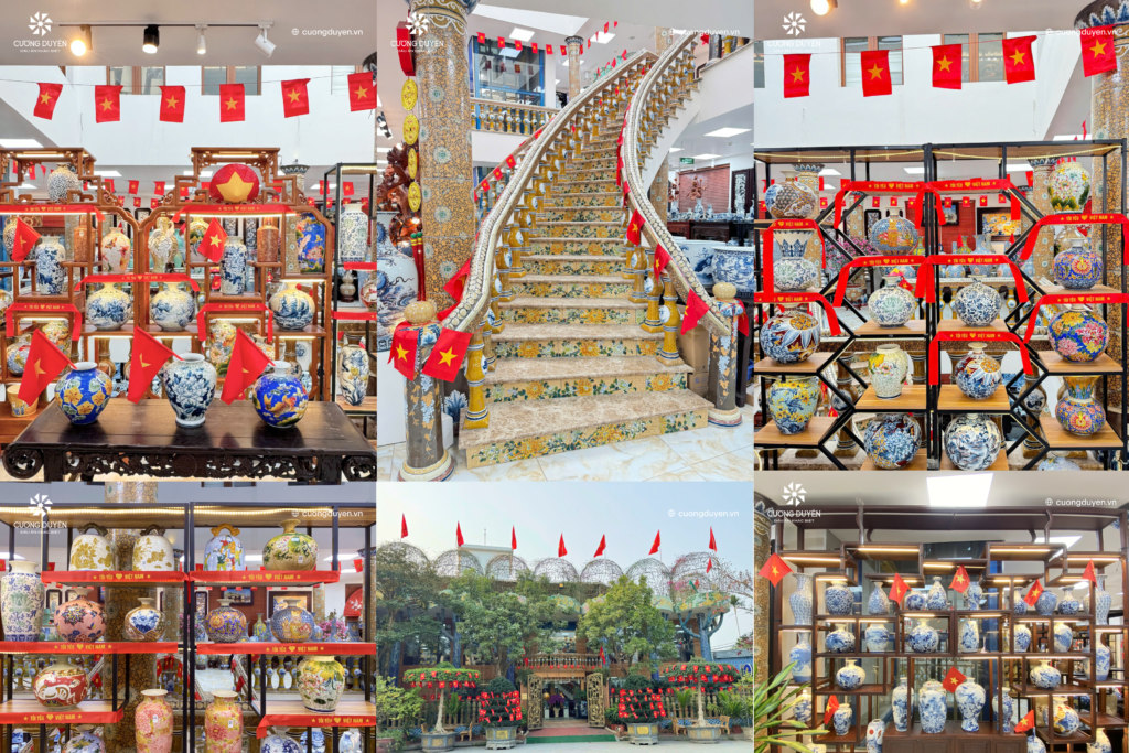 Cờ Việt Nam trong showroom Gốm sứ Cương Duyên trong những ngày kỷ niệm 50 năm giải phóng miền Nam - thống nhất đất nước Việt Nam