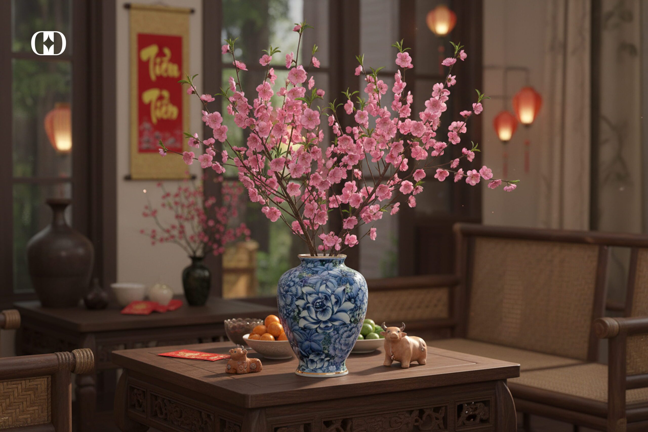Bình gốm cắm đào