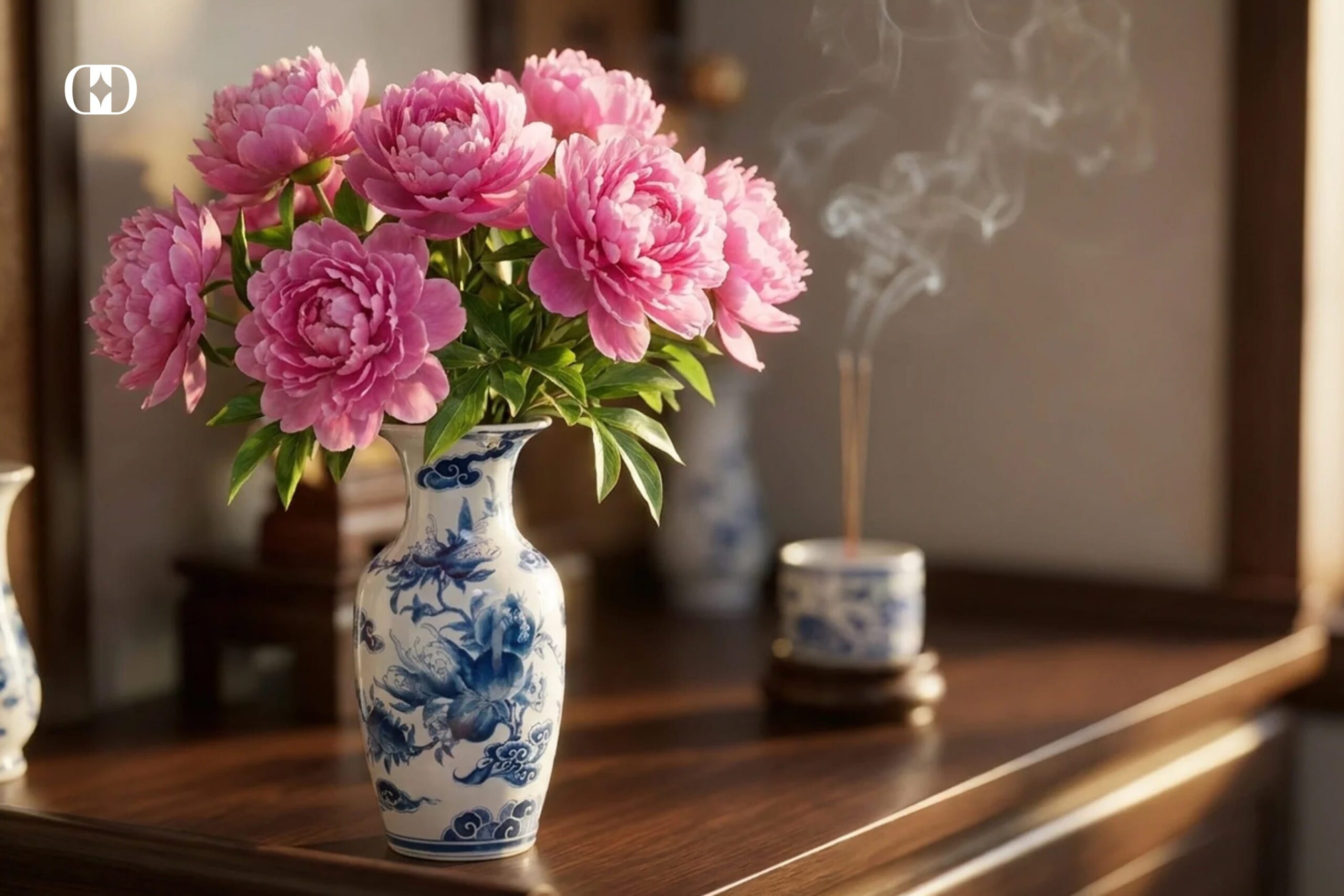 Thắp hương hoa mẫu đơn trên bàn thờ